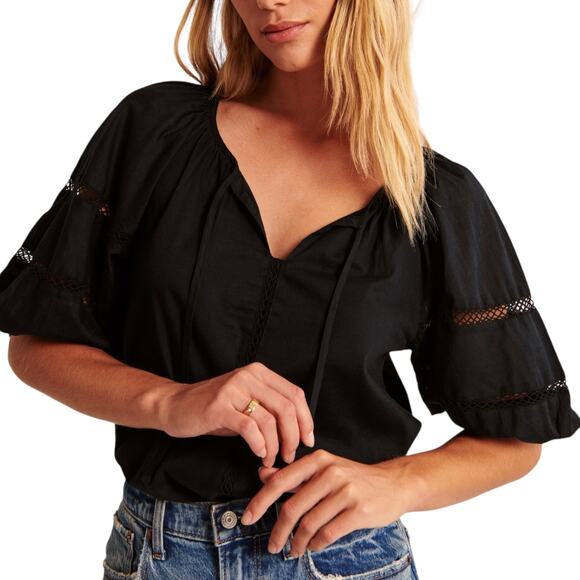 Abercrombie & Fitch Short-Sleeve Cotton Peasant Top Relaxed Fit Lightweight L - Picture 1 of 8